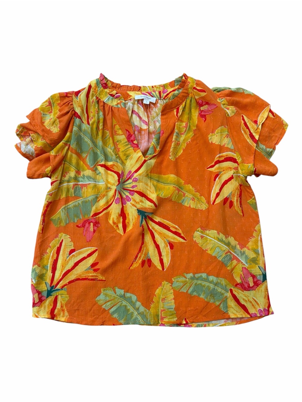 Haute Hippie Orange Tropical Floral Short-Sleeve Top